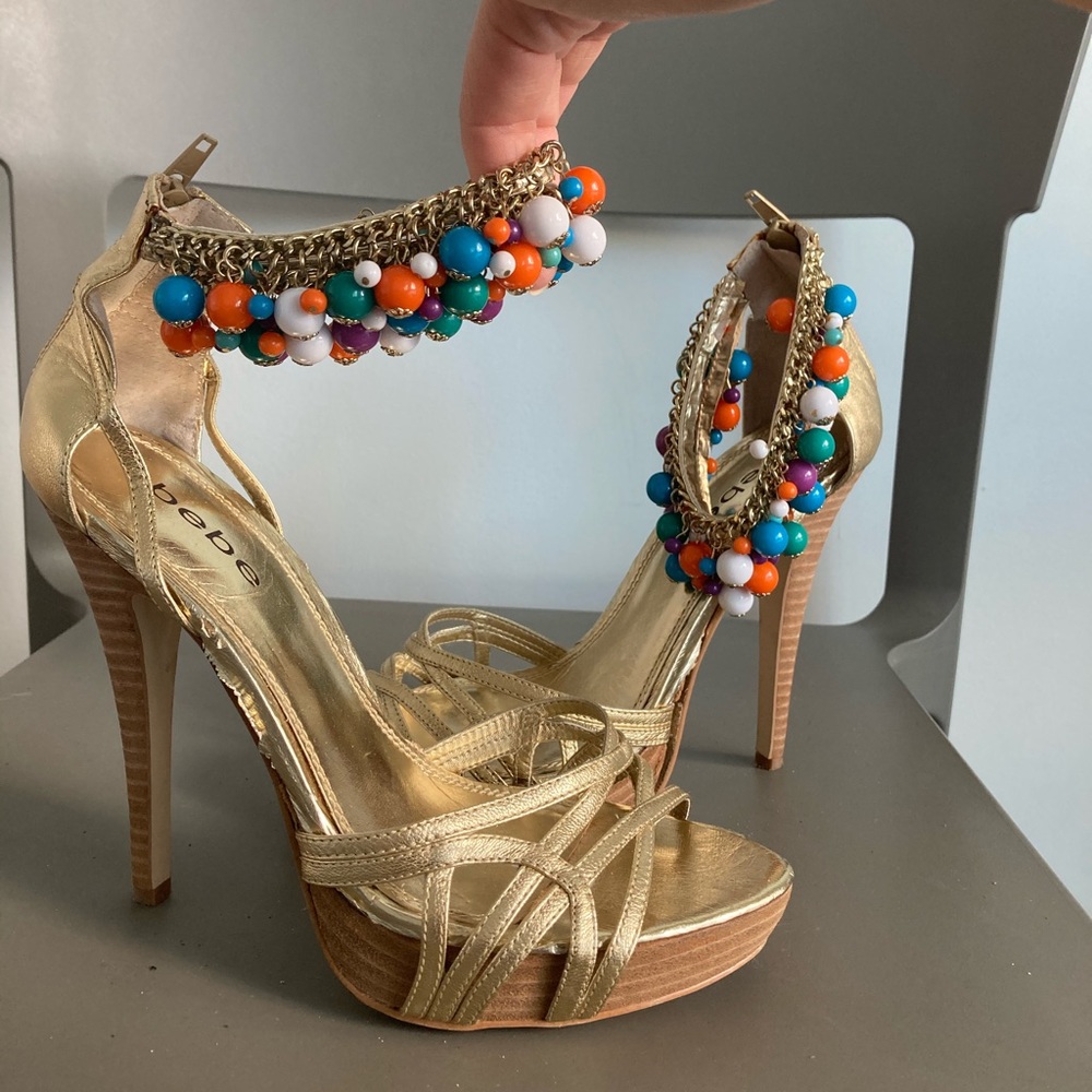 Gold BEBE Heels with Ankle Jewelry Detailing